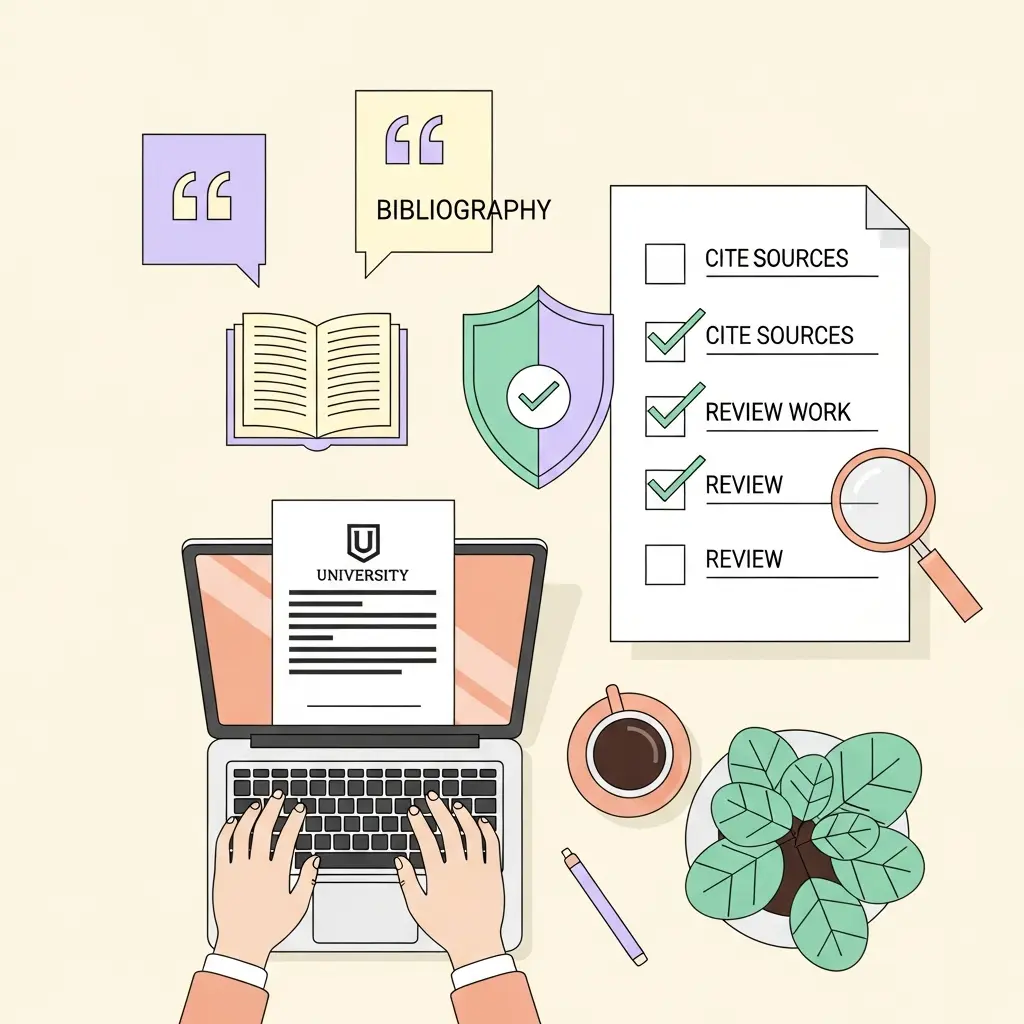 Estudante a verificar checklist de integridade académica no seu espaço de trabalho