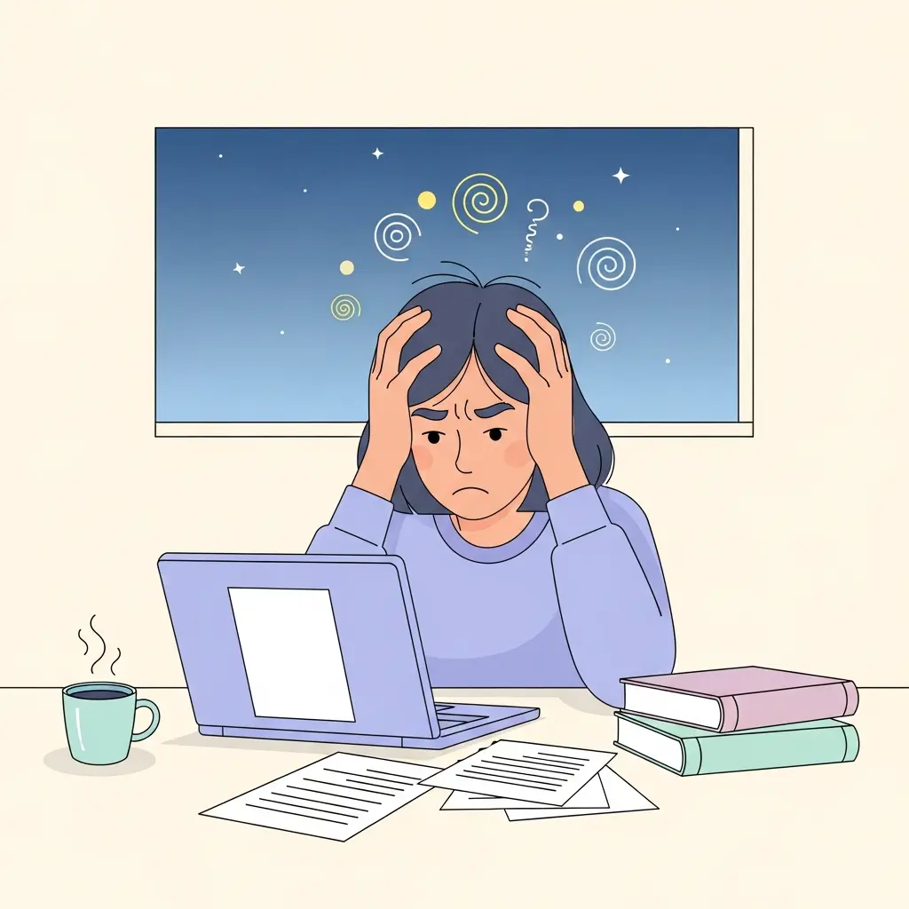 Estudante universitário sentado à secretária com expressão de frustração, mãos na cabeça, diante de um laptop com página em branco