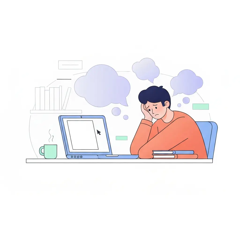 Estudante universitário a experienciar bloqueio criativo enquanto trabalha na tese, com ideias dispersas à volta da cabeça
