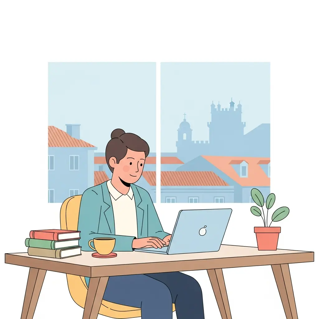 Estudante universitário a trabalhar na tese de mestrado num ambiente calmo e organizado em Lisboa