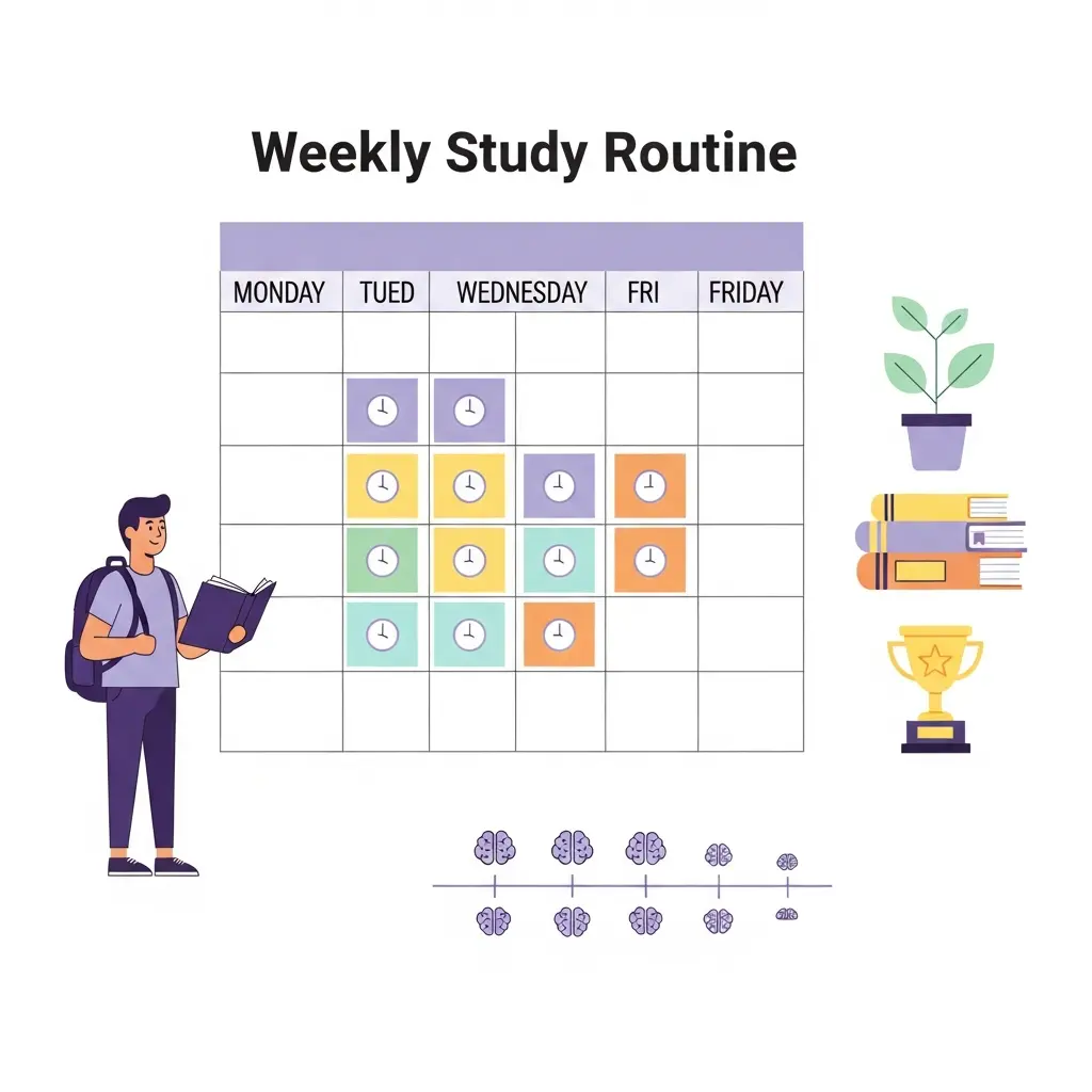 Calendário semanal com blocos de estudo distribuídos uniformemente, representando uma rotina consistente