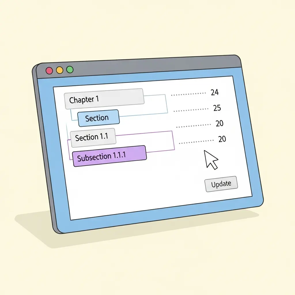 Ilustração de um ecrã de computador a mostrar um processador de texto com sumário automático e estrutura hierárquica de capítulos