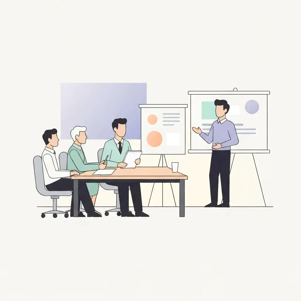 Ilustração de estudante a apresentar defesa de tese perante júri académico