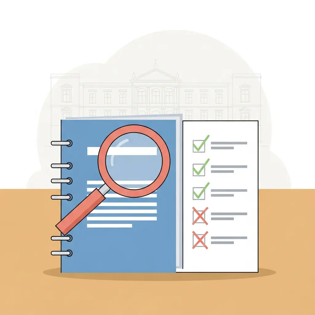 Ilustração representando a avaliação de teses académicas em Portugal, com documento de tese, lupa e checklist de critérios