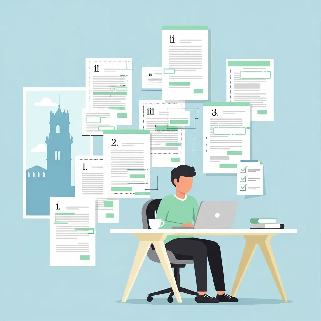 Estudante universitário a formatar tese num ambiente calmo com vista para a Torre da Universidade de Coimbra