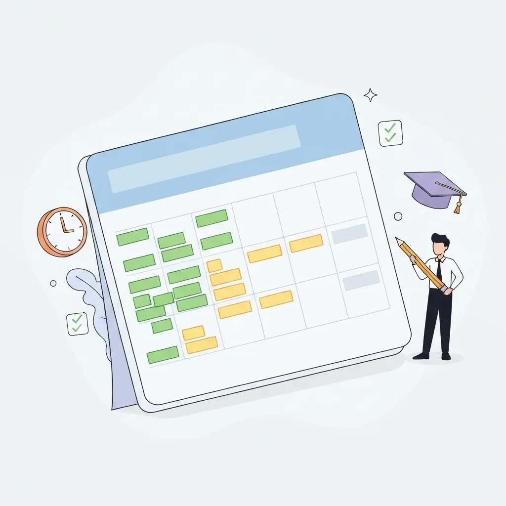 Calendário de planeamento da tese com blocos coloridos representando tarefas organizadas ao longo do tempo