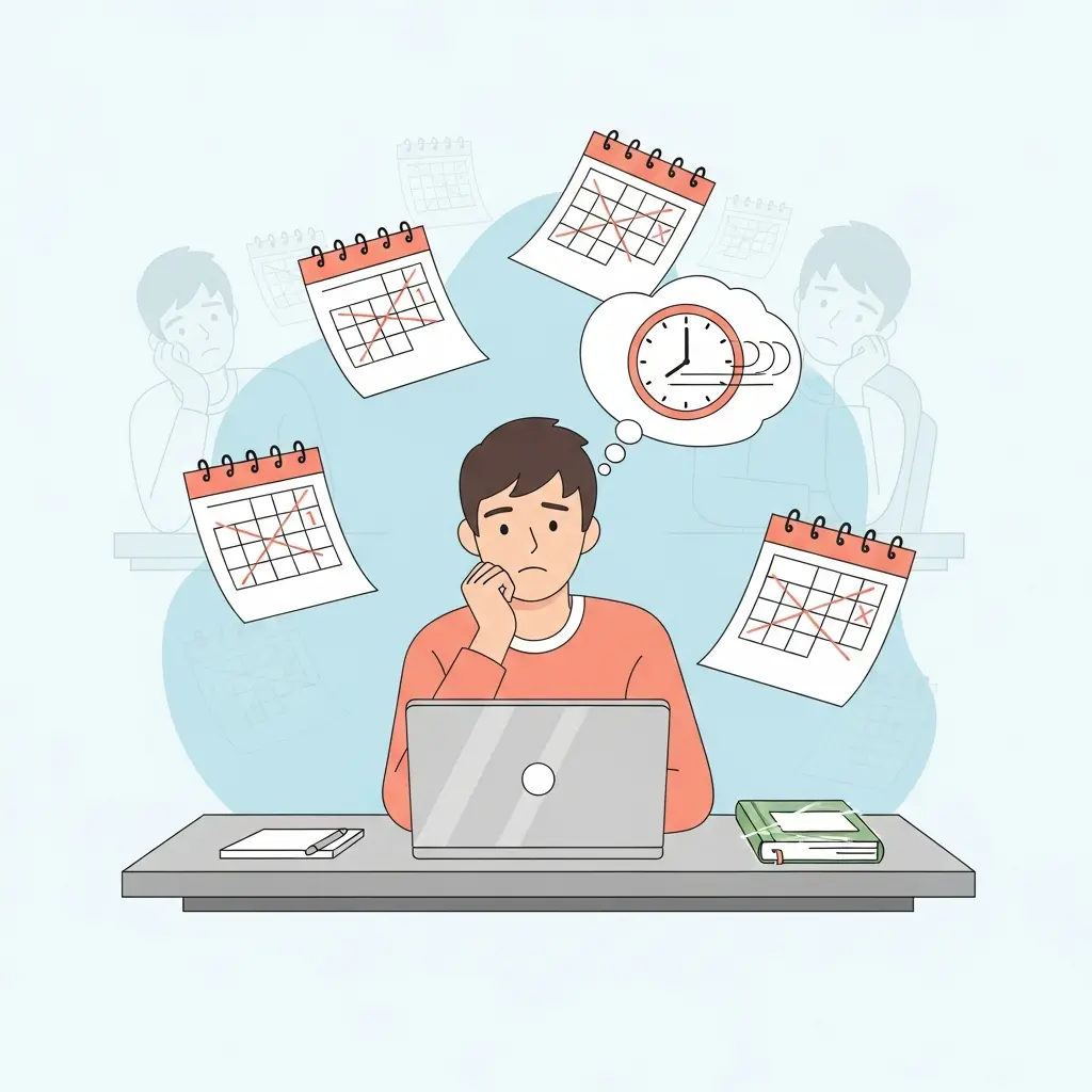 Ilustração de estudante universitário preso no ciclo de procrastinação da tese, com calendários e tempo a passar