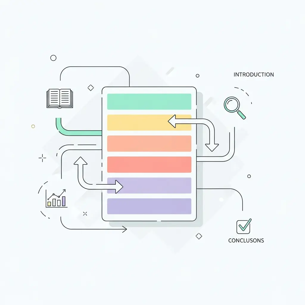 Ilustração da organização e estruturação de uma tese académica com secções coloridas