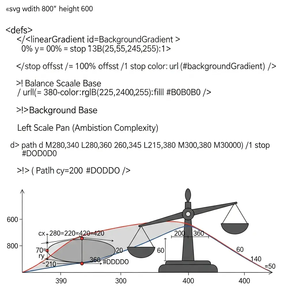 Ilustração de uma balança equilibrando fatores de ambição e viabilidade na escolha de tema de TFC