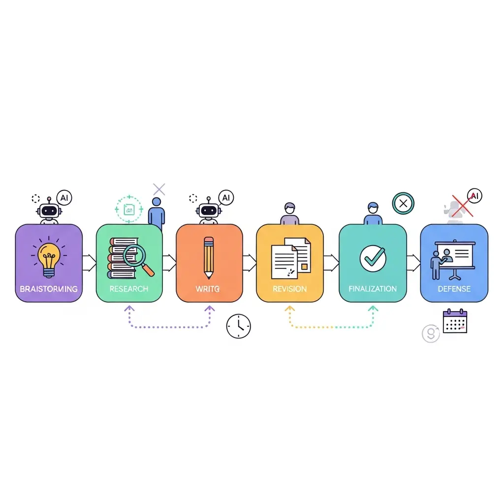 Diagrama mostrando as diferentes fases da escrita de tese e quando usar ferramentas de IA estrategicamente
