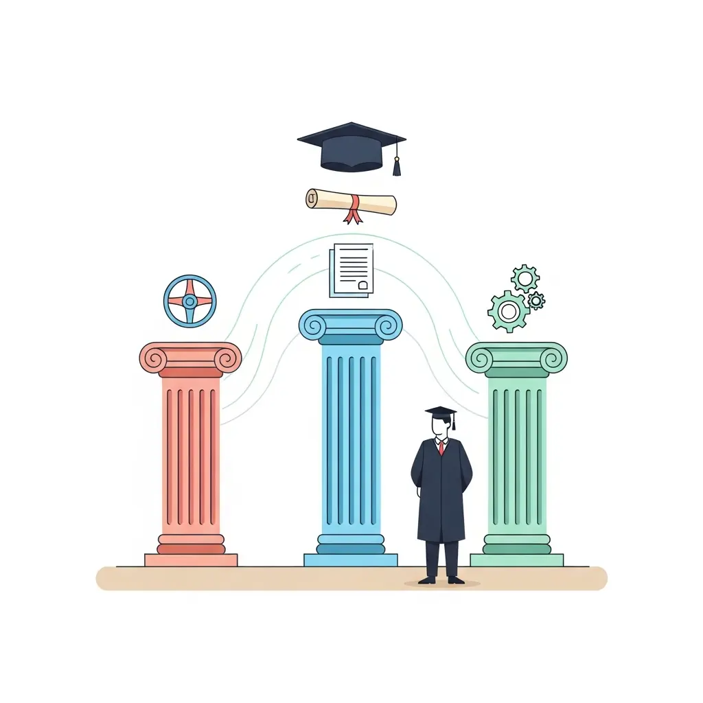 Ilustração dos três pilares estratégicos para uso de IA em teses