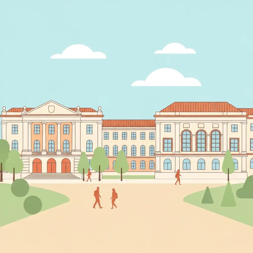 Ilustração estilizada de edifícios universitários com arquitetura clássica portuguesa