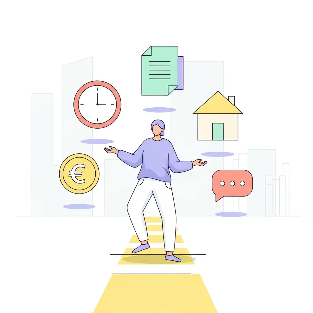 Ilustração de estudante a equilibrar múltiplas responsabilidades académicas e pessoais