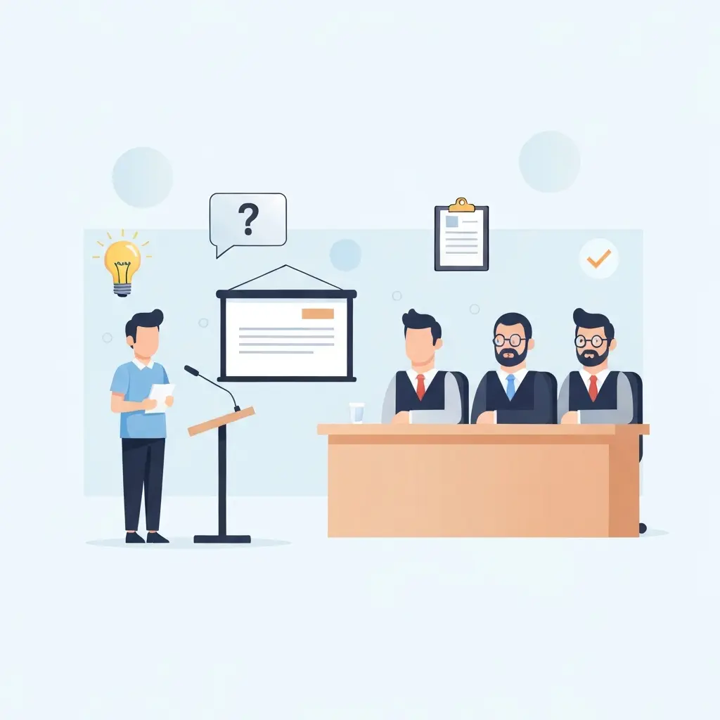 Estudante português a preparar-se para defesa de TFC perante banca examinadora com apontamentos e slides