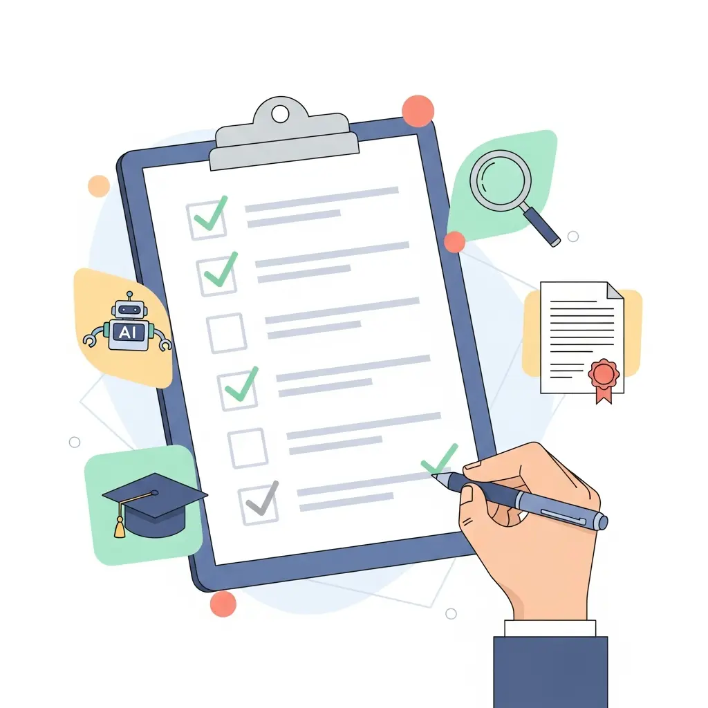 Checklist de conformidade acadêmica para autorização de IA em teses, mostrando itens verificados e mão pronta para marcar o último item