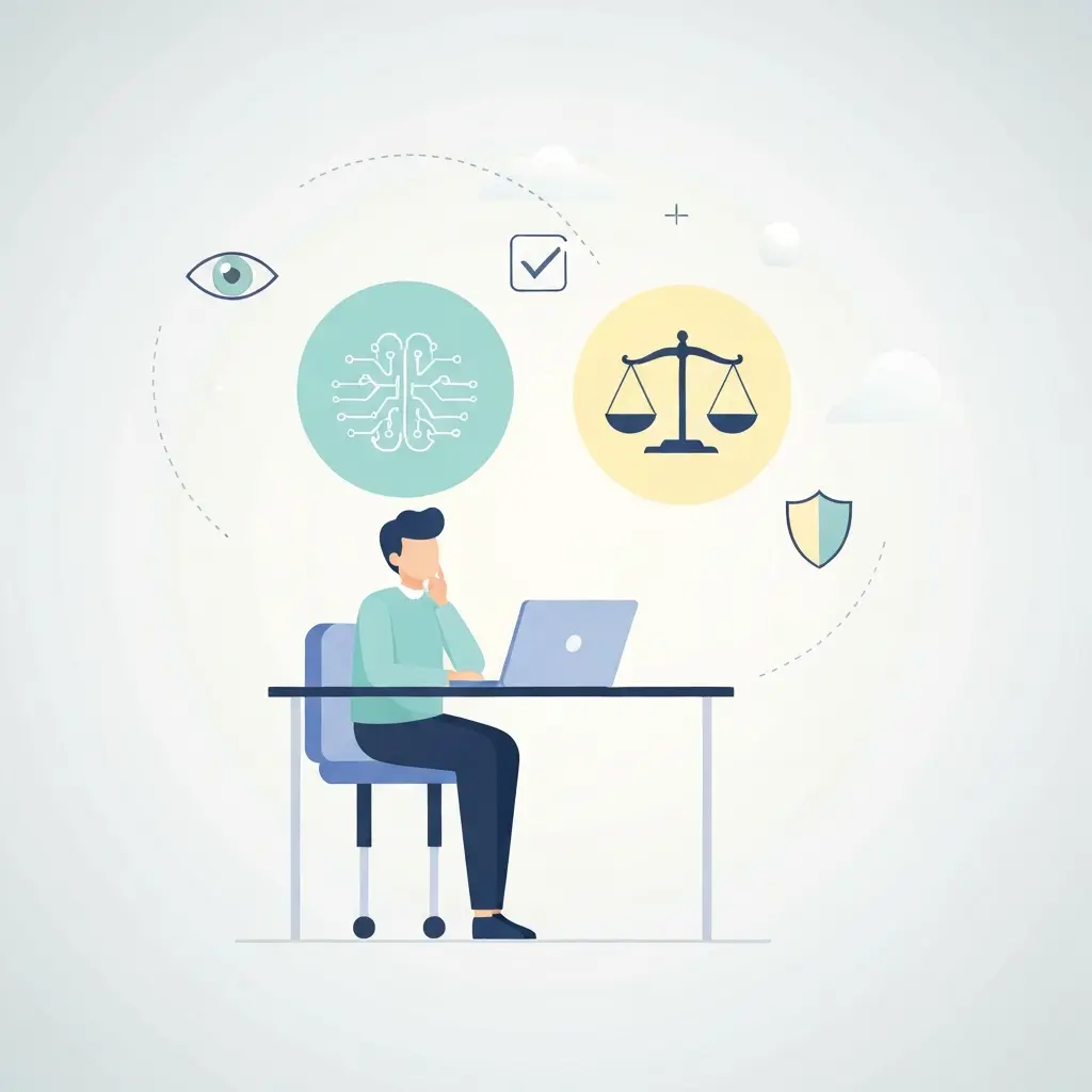 Ilustração de estudante a ponderar sobre ética e inteligência artificial no contexto académico