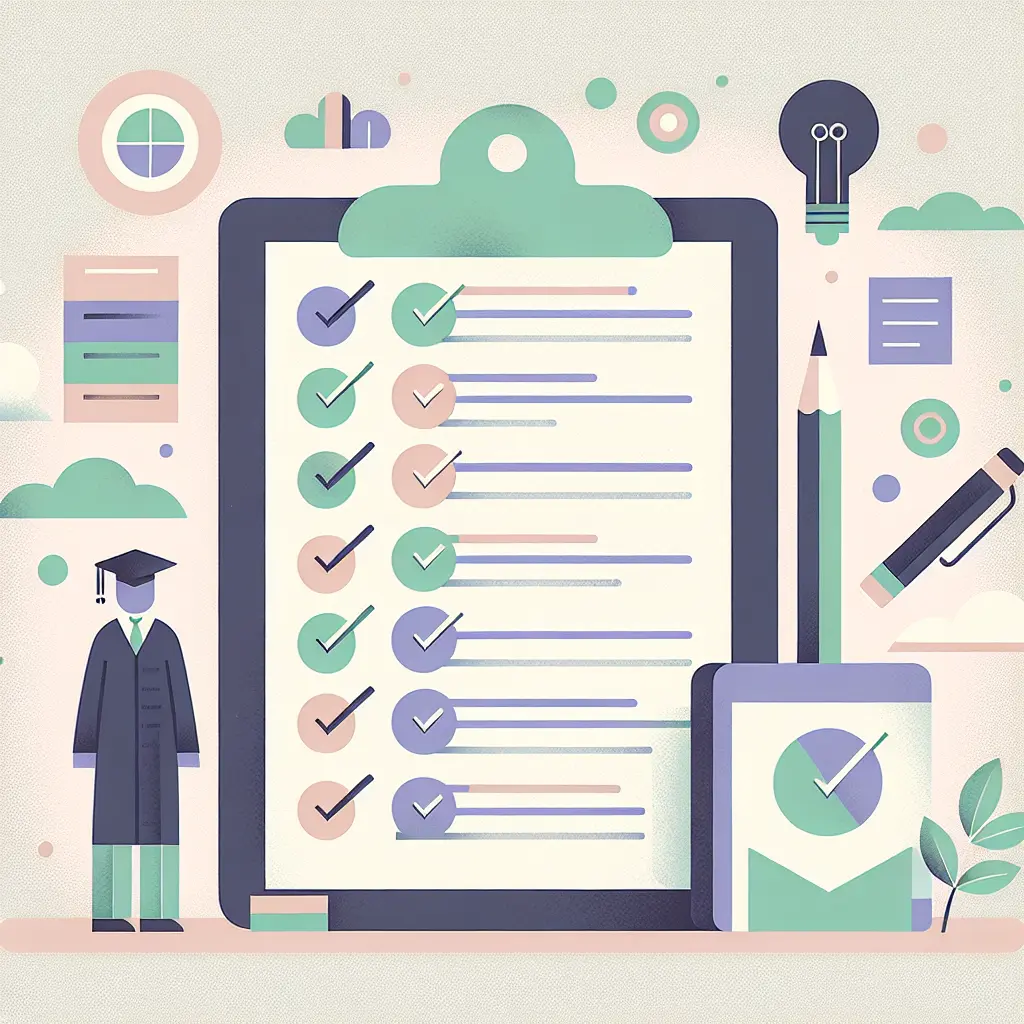 Ilustração de processo de avaliação académica com checklist e critérios de revisão de dissertação