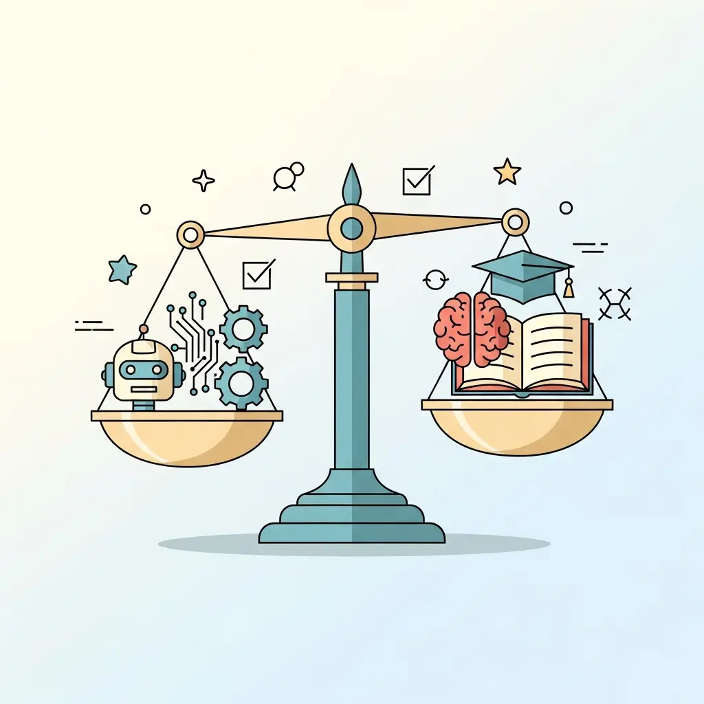 Balança equilibrando ferramentas de IA e integridade académica