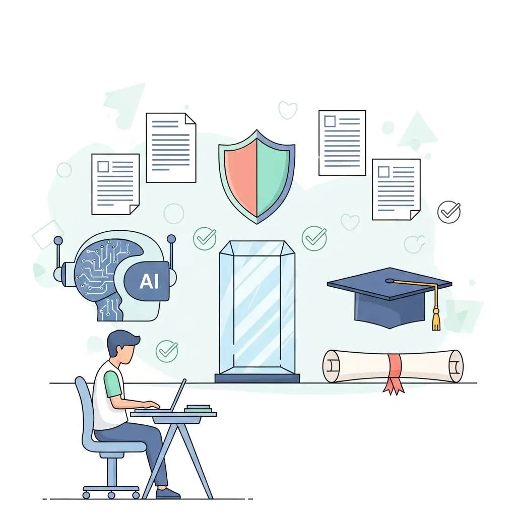 Ilustração de transparência académica com IA: estudante ao computador com ícones de documentos, escudo de proteção e símbolos de verificação