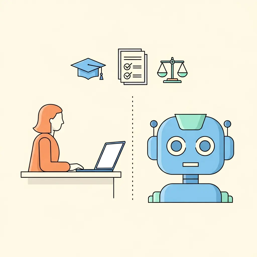 Ilustração mostrando os limites éticos entre o trabalho humano e a assistência de IA no contexto académico