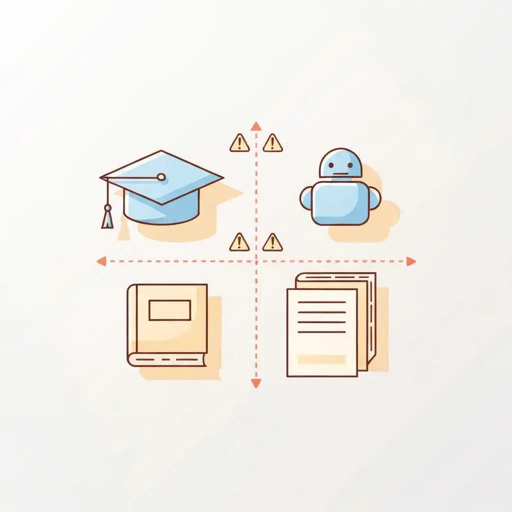 Ilustração representando os limites entre inteligência artificial e trabalho académico, com símbolos de graduação e tecnologia separados por uma linha divisória