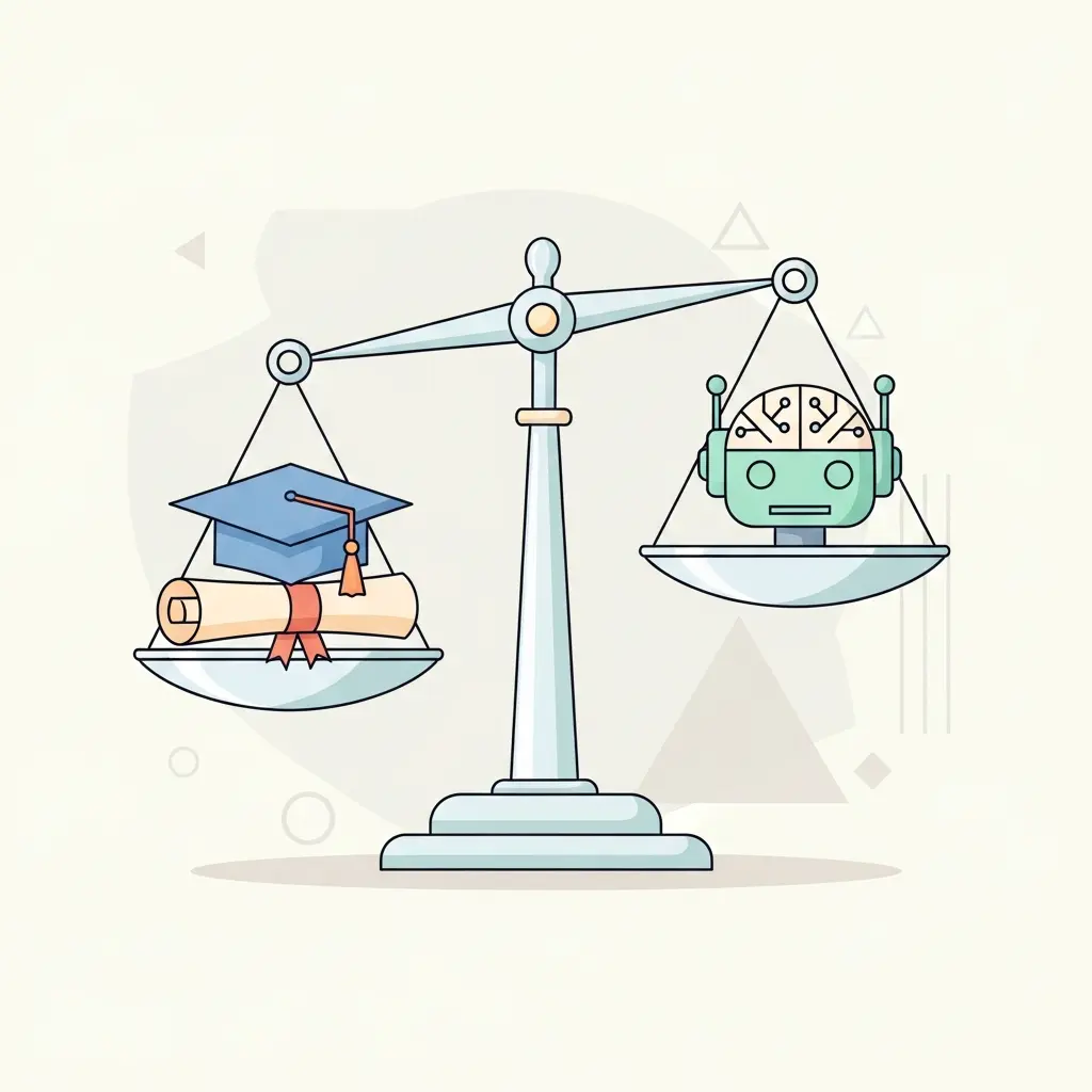Ilustração mostrando o equilíbrio entre inteligência artificial e integridade académica, com uma balança equilibrada entre símbolos de graduação e IA
