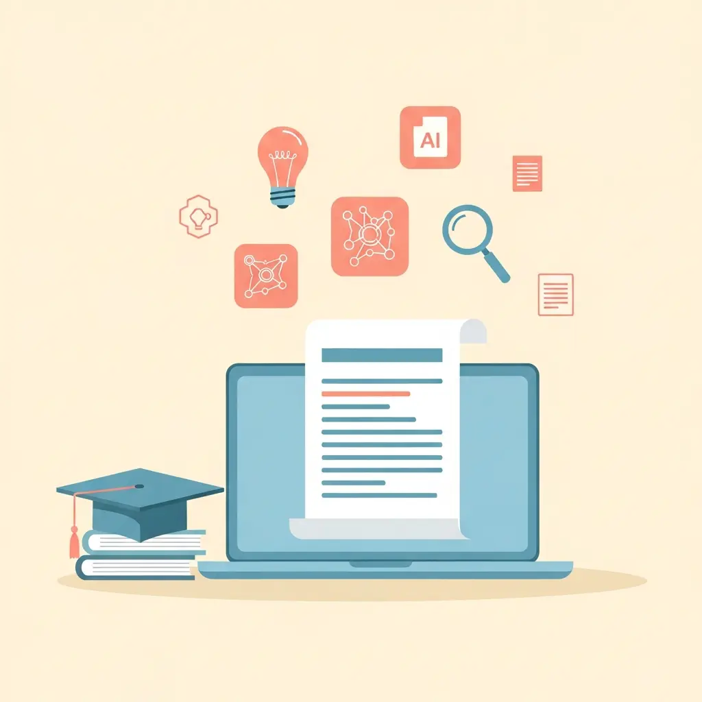 Ilustração de ferramentas de IA para escrita académica: laptop com documento, ícones de pesquisa e inteligência artificial