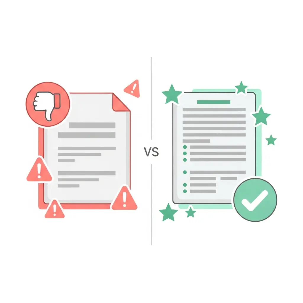 Comparação visual entre declaração insuficiente e adequada de uso de IA, mostrando documento vago versus documento completo e detalhado