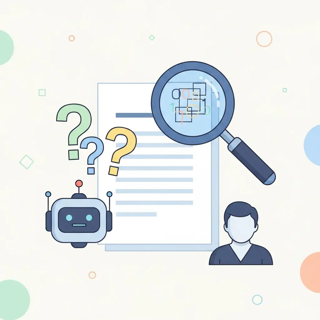 Ilustração conceptual da deteção de IA em trabalhos académicos, mostrando um documento sob análise com símbolos de inteligência artificial e escrita humana
