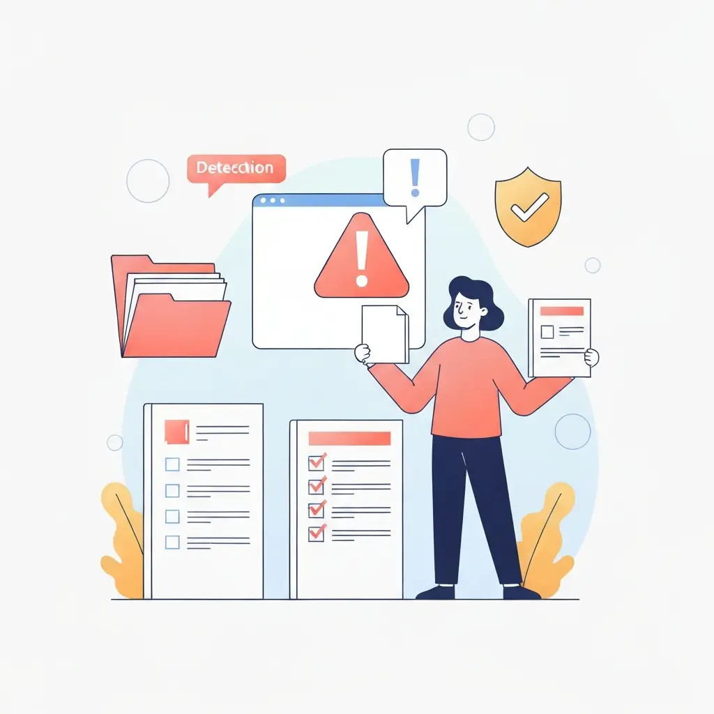 Ilustração de estudante preparado para responder a alerta de deteção de IA com documentação organizada