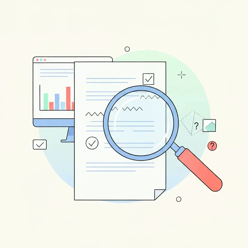 Ilustração conceptual de análise e deteção de IA em documentos académicos