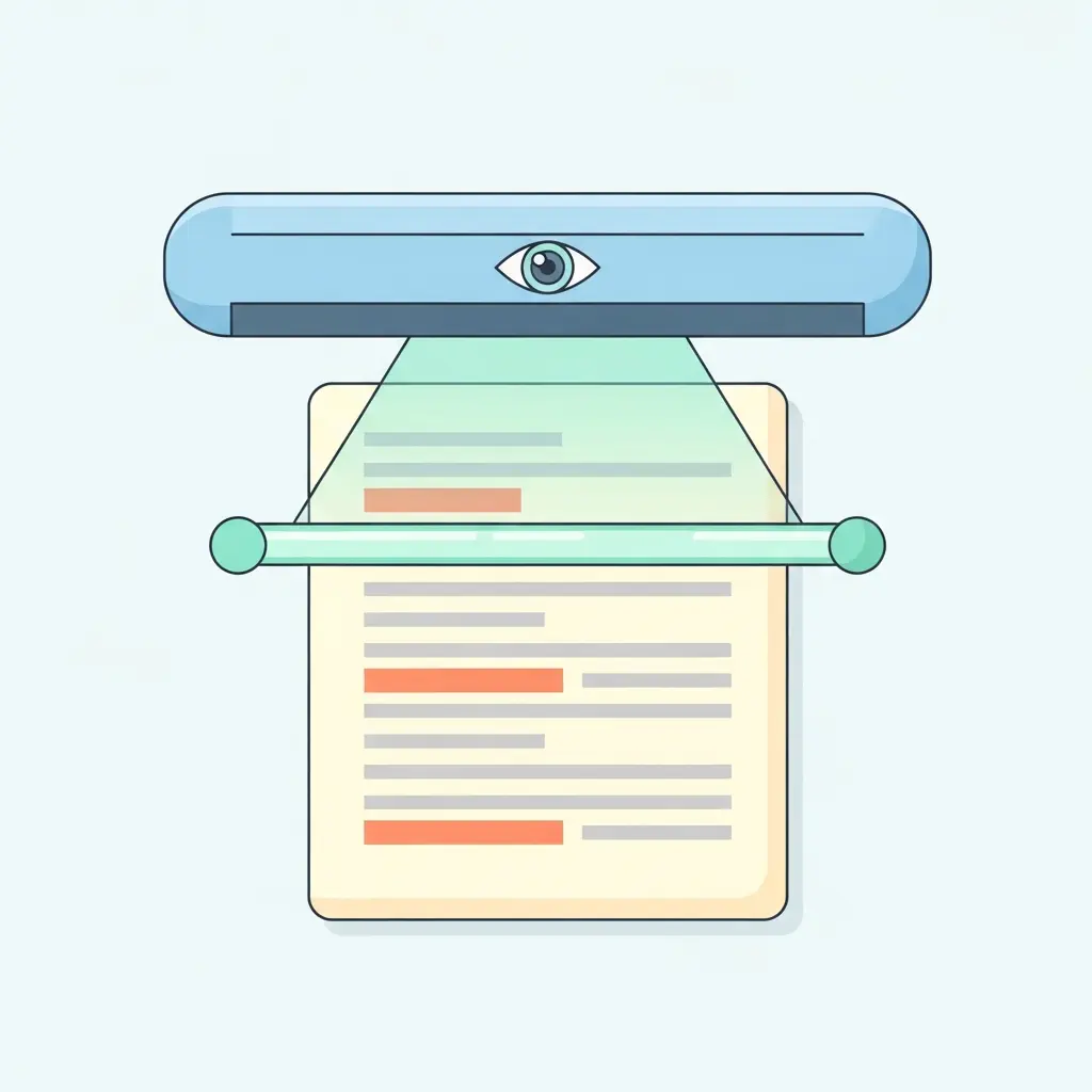 Ilustração de um documento a ser analisado por uma ferramenta de deteção, com partes do texto destacadas em cor diferente