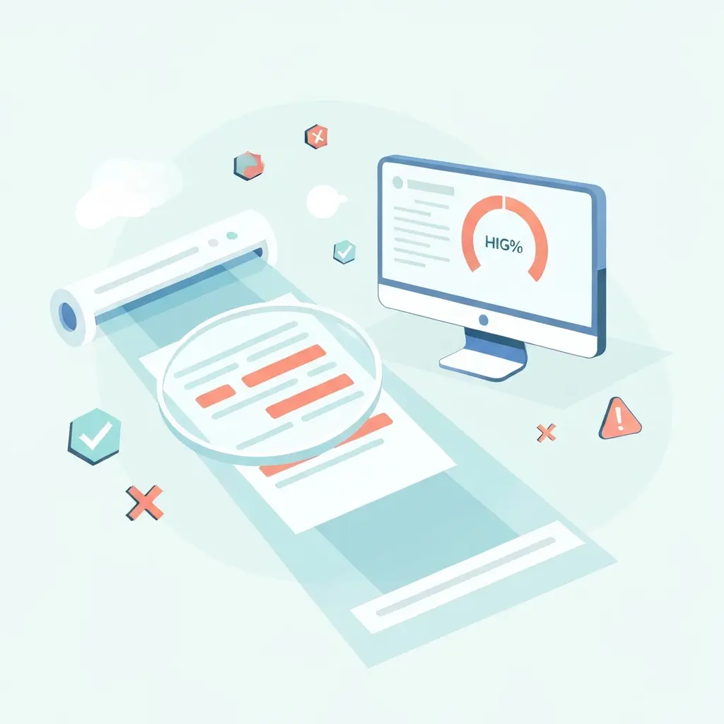 Ilustração de documento passando por scanner de detecção de IA com indicadores de conteúdo detectado
