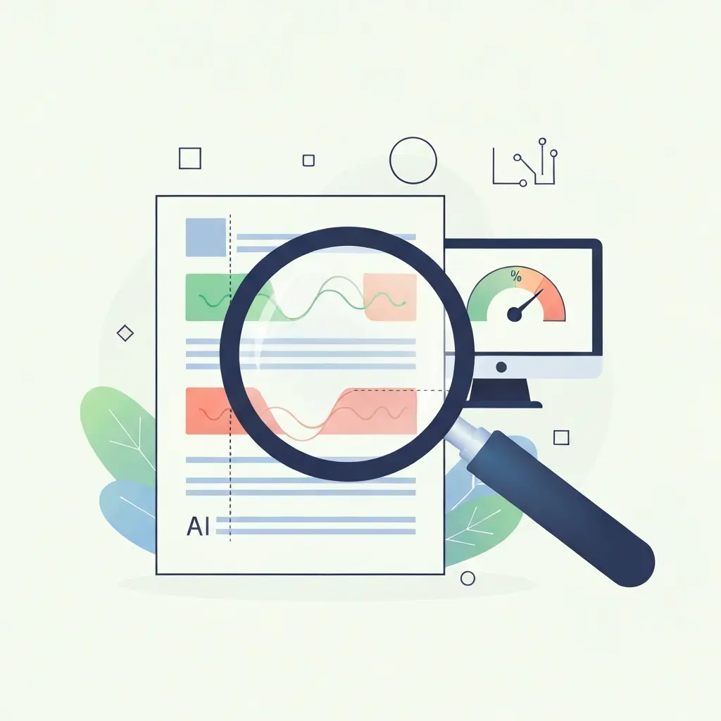 Representação visual de sistema de deteção de IA em universidades, com lupa a analisar documento e indicadores de conteúdo original versus gerado