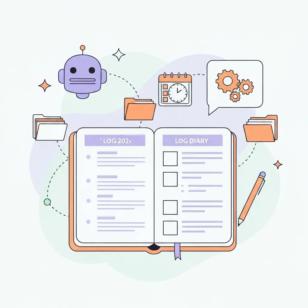 Ilustração de diário de documentação de uso de IA com registos organizados