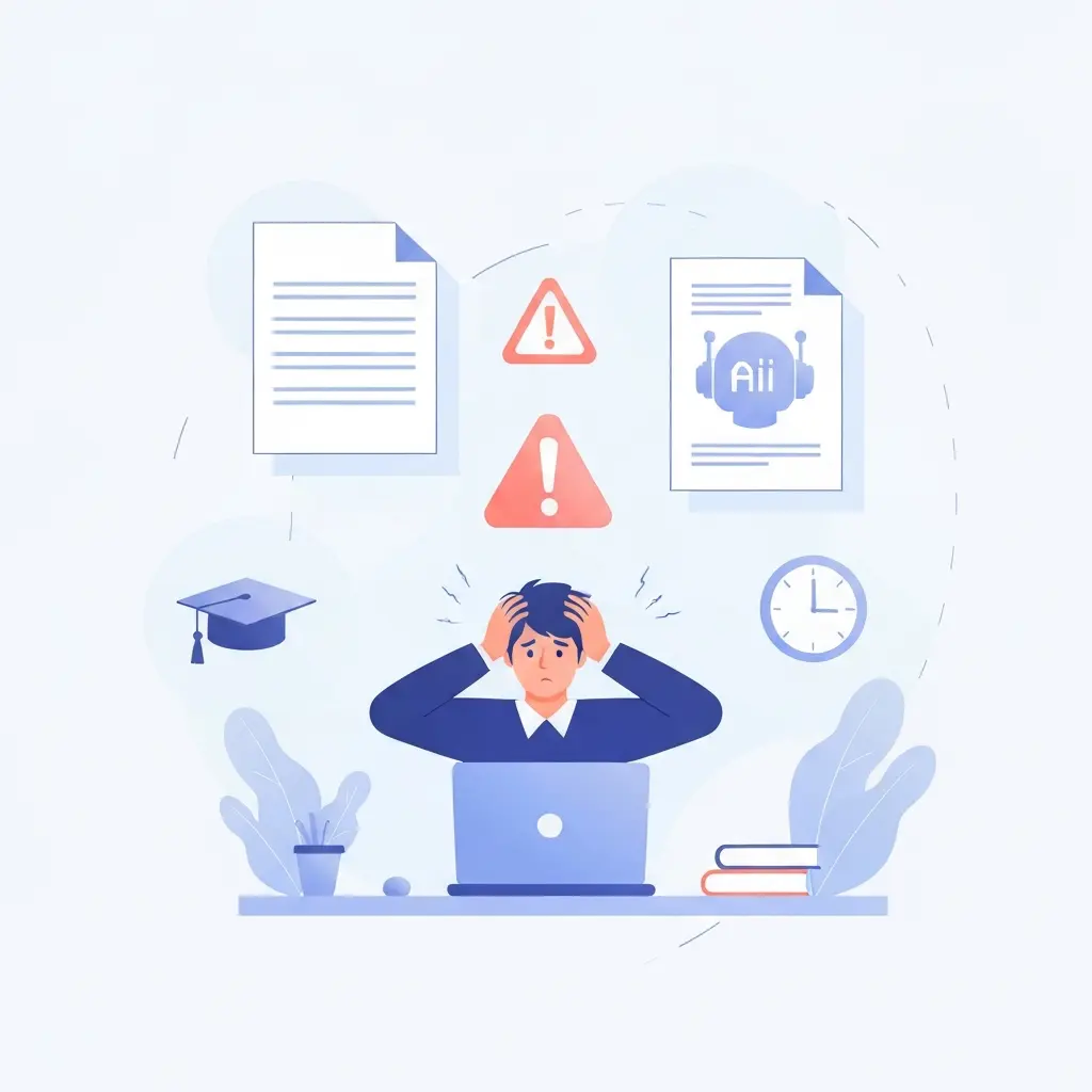 Ilustração mostrando estudante preocupado diante de laptop com símbolos de alerta sobre paráfrase com IA