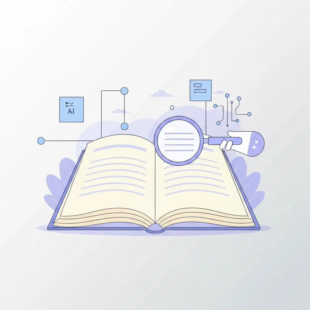 Ilustração minimalista mostrando inteligência artificial a analisar uma tese académica com elementos geométricos suaves