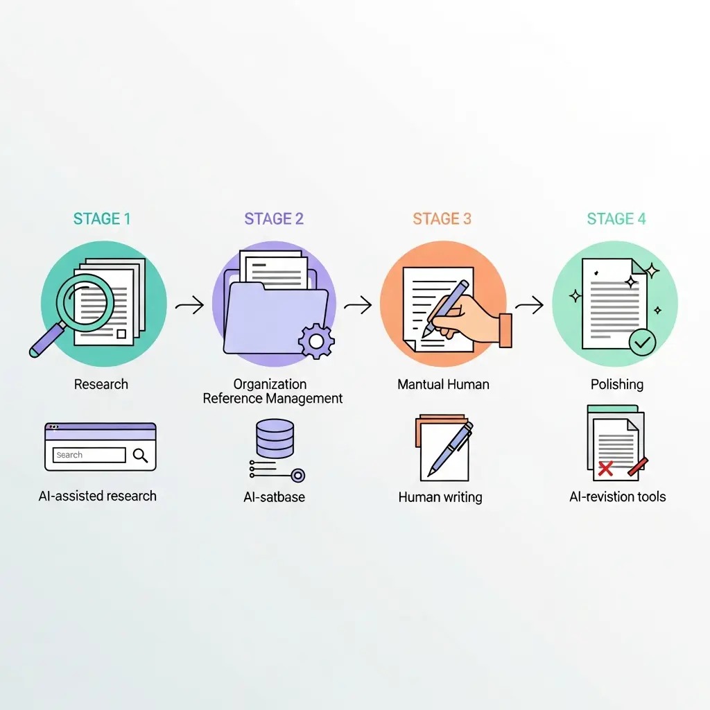Fluxo de trabalho académico moderno com quatro etapas: pesquisa, organização, escrita manual e revisão assistida por IA