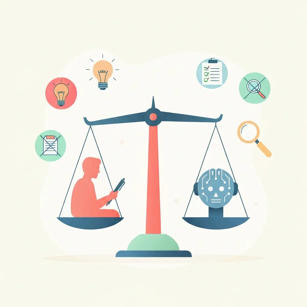 Balança equilibrada entre assistência de IA e autoria humana