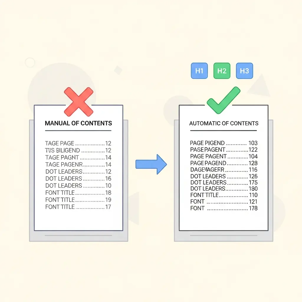 Comparação entre índice manual (errado) e índice automático (correto) no Word
