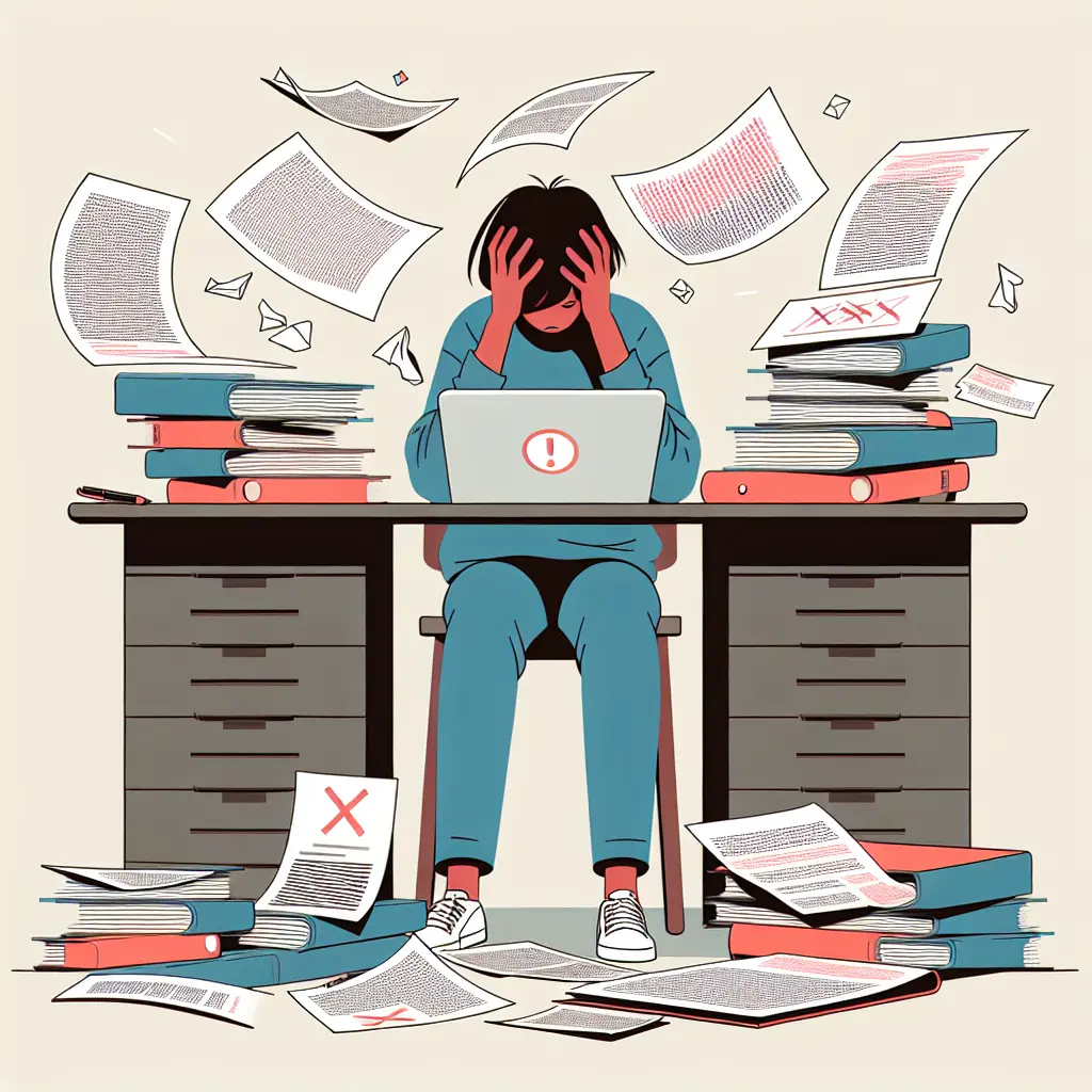 Estudante stressado rodeado de papéis com formatos inconsistentes — o caos das referências bibliográficas