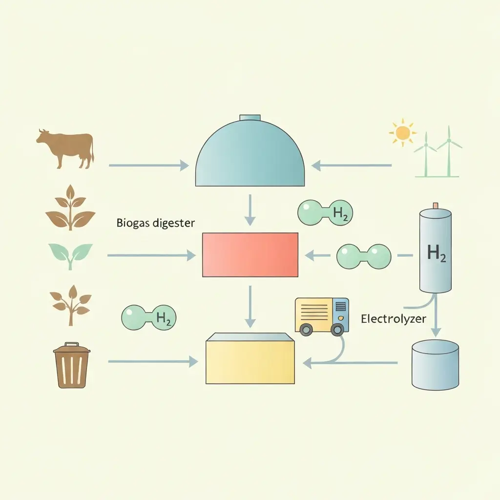 Diagrama do processo de conversão de biogás em hidrogénio verde mostrando fluxo desde resíduos orgânicos até armazenamento de H2