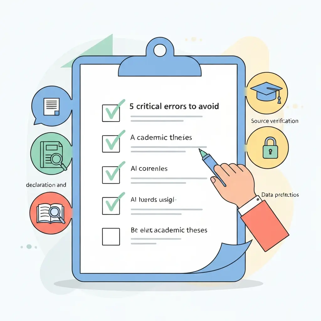 Checklist ilustrado com os cinco pontos críticos a verificar antes de usar IA na tese académica
