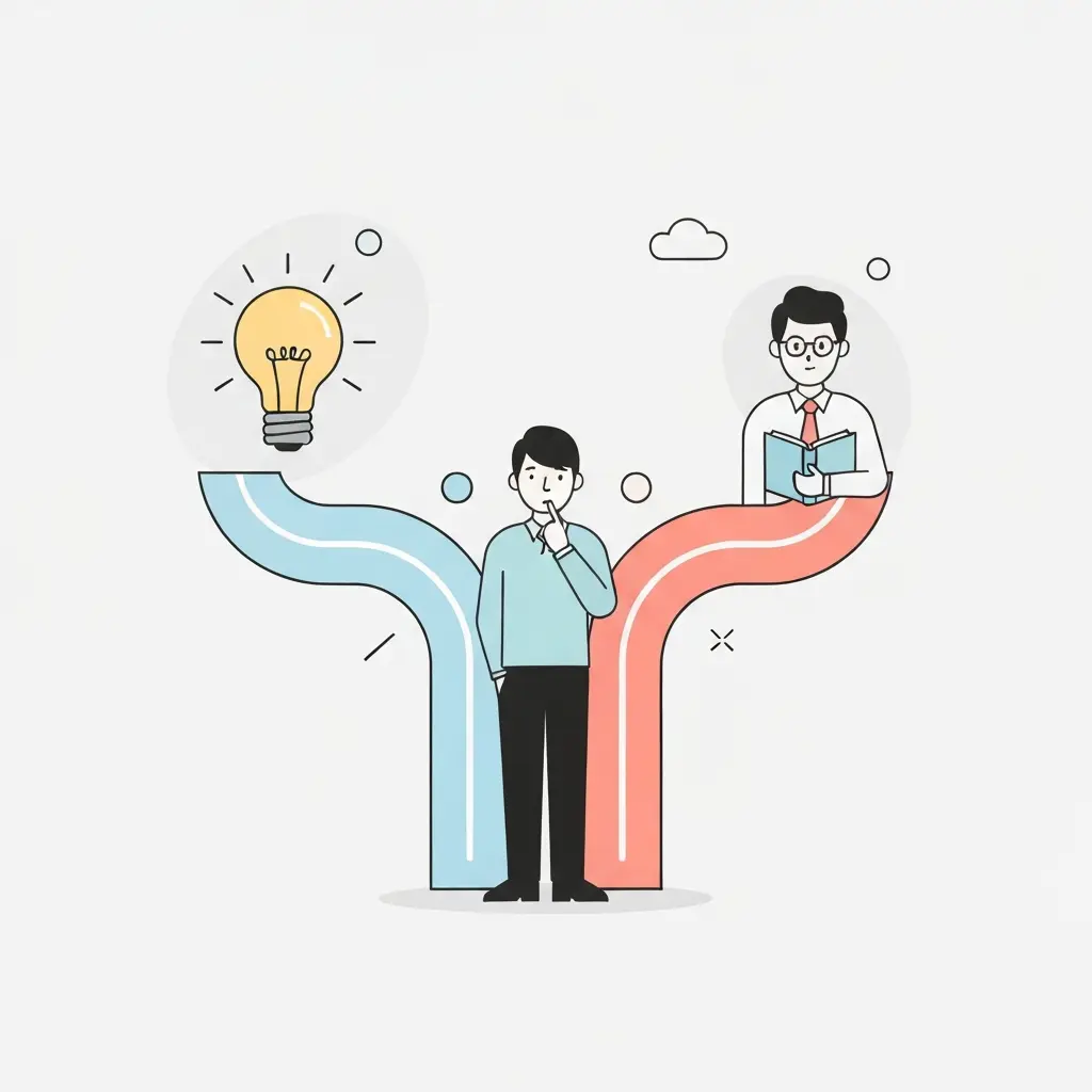 Estudante numa encruzilhada a escolher entre tema e orientador