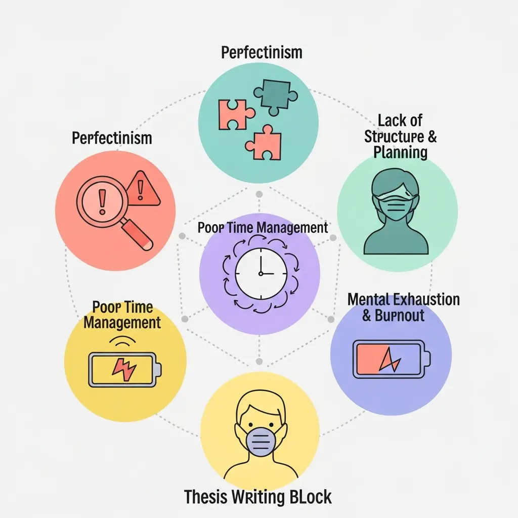 Infográfico com as cinco causas principais do bloqueio de escrita: perfeccionismo, falta de estrutura, má gestão do tempo, burnout e síndrome do impostor