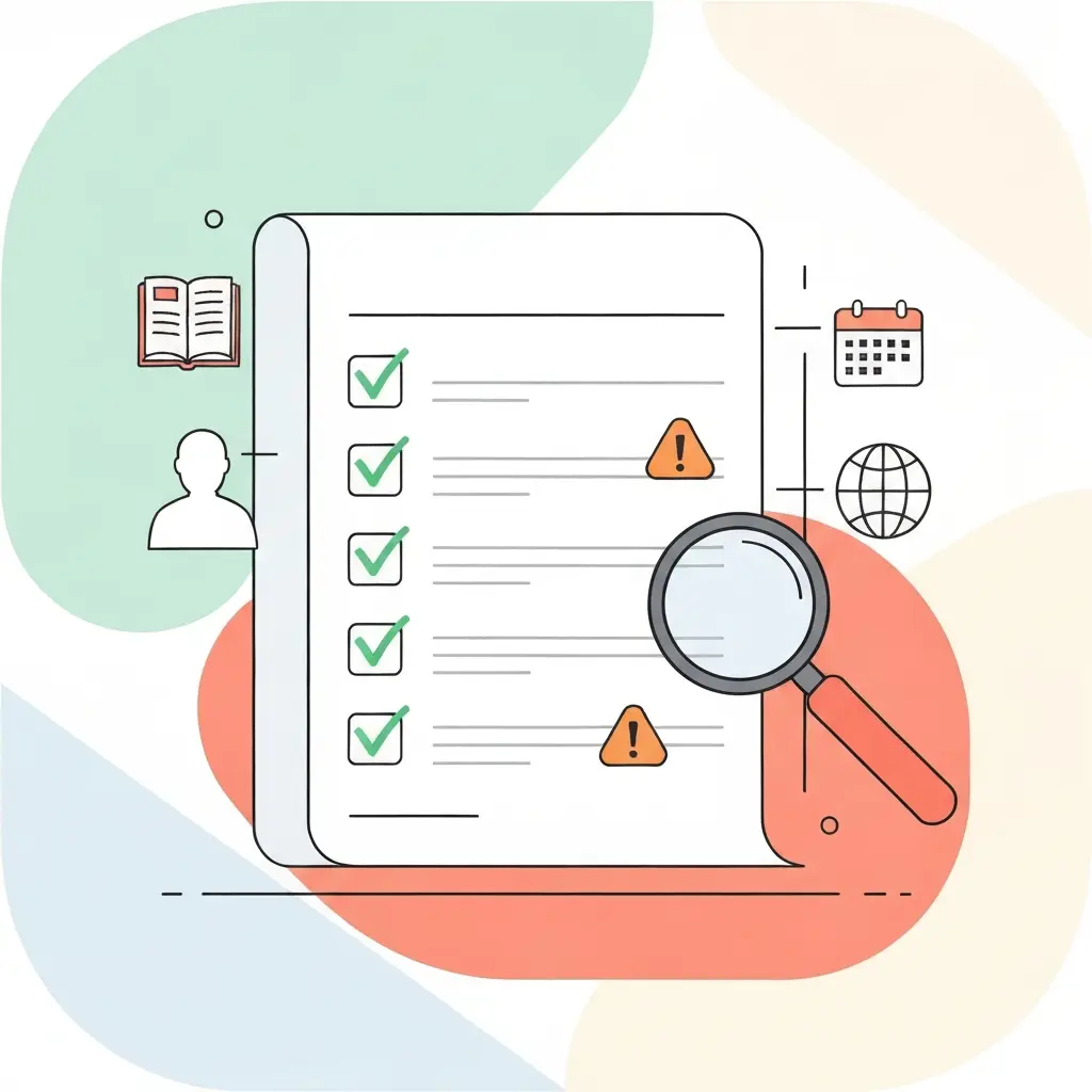 Checklist de verificação de citações académicas com marcas de aprovação e alertas