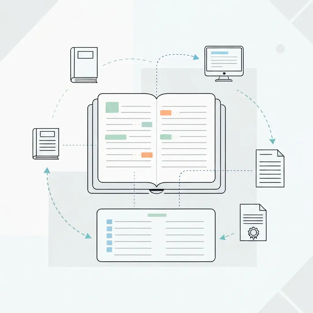 Ilustração do sistema de gestão de citações e referências mostrando a conexão entre citações no texto e a lista bibliográfica final