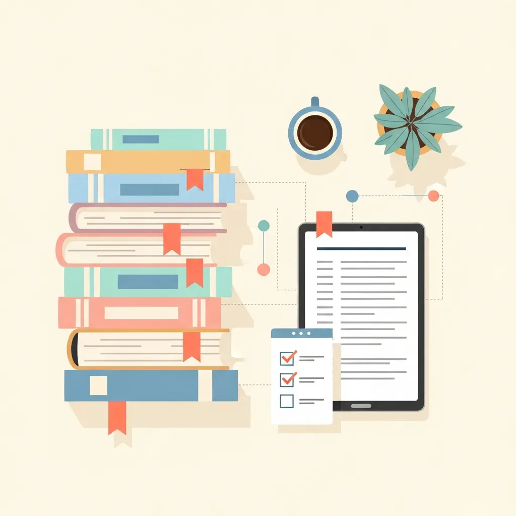 Mesa organizada com livros, tablet e checklist representando a gestão adequada de referências bibliográficas