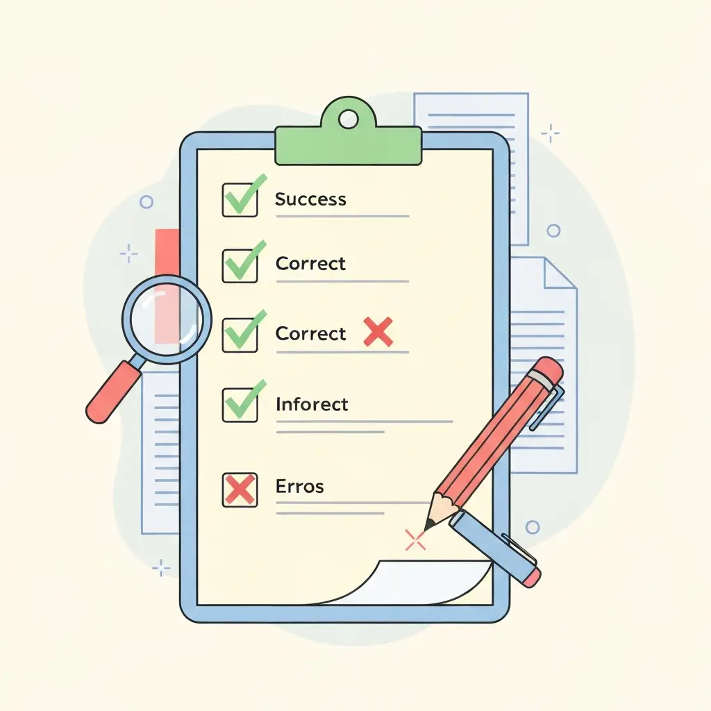 Checklist visual de revisão com marcas de verificação verdes e erros a vermelho, representando correção de dissertações