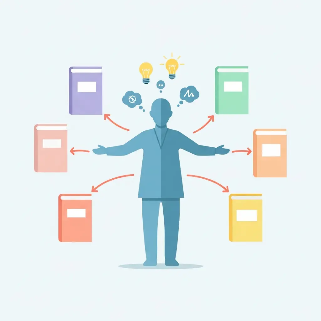 Conceito de síntese crítica: figura central conectando diferentes fontes académicas em vez de apenas listá-las